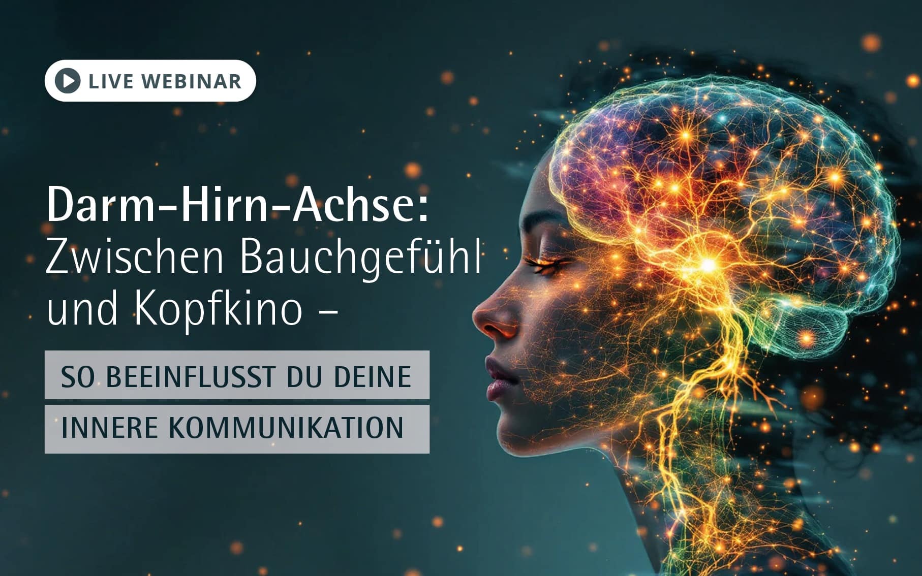 a woman's profile with glowing brain and text